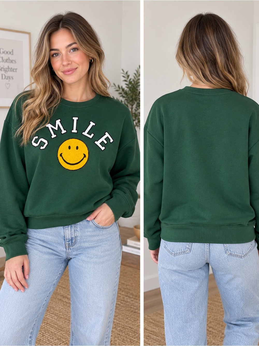 Altar’d State Women’s Large Forest Green “SMILE” Smiley Face Sweatshirt